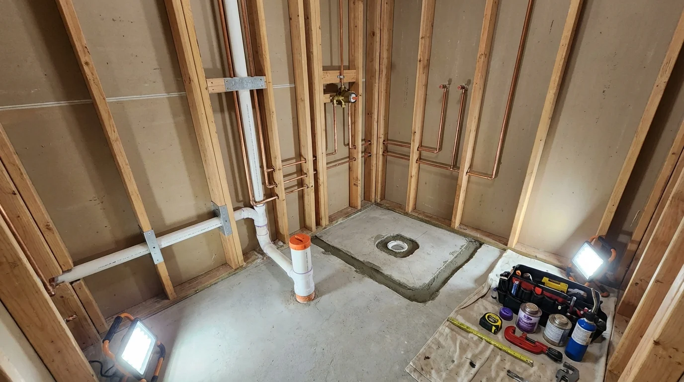 Bathroom rough-in plumbing during remodel by Johns Plumbing LLC in Factoryville