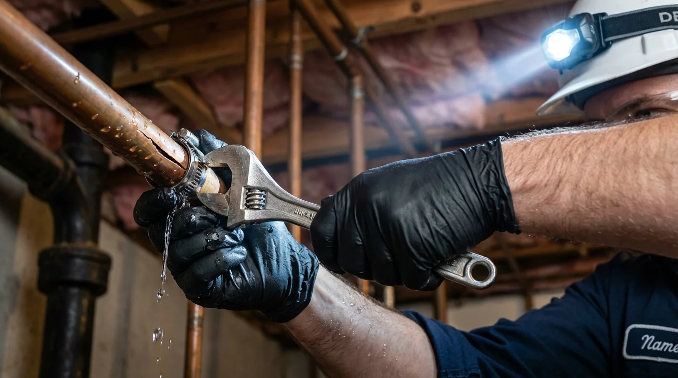 Emergency pipe clamp repair being performed by a Johns Plumbing LLC plumber in Factoryville