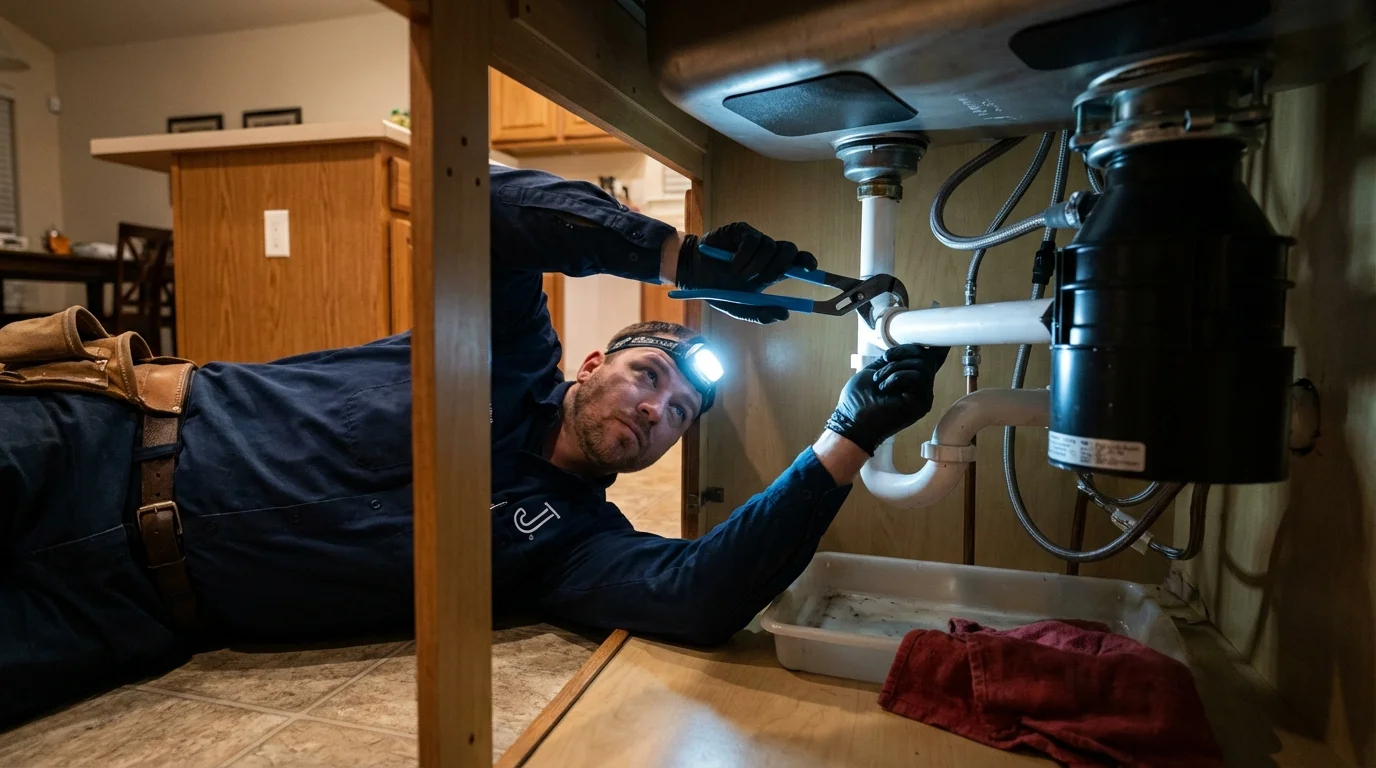 P-trap and supply line connections under a kitchen sink showing a common leak point in Factoryville, PA